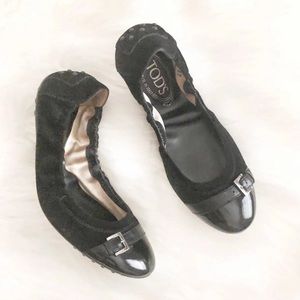 Tod's Suede Patent Leather Dee Buckle Ballet Flats